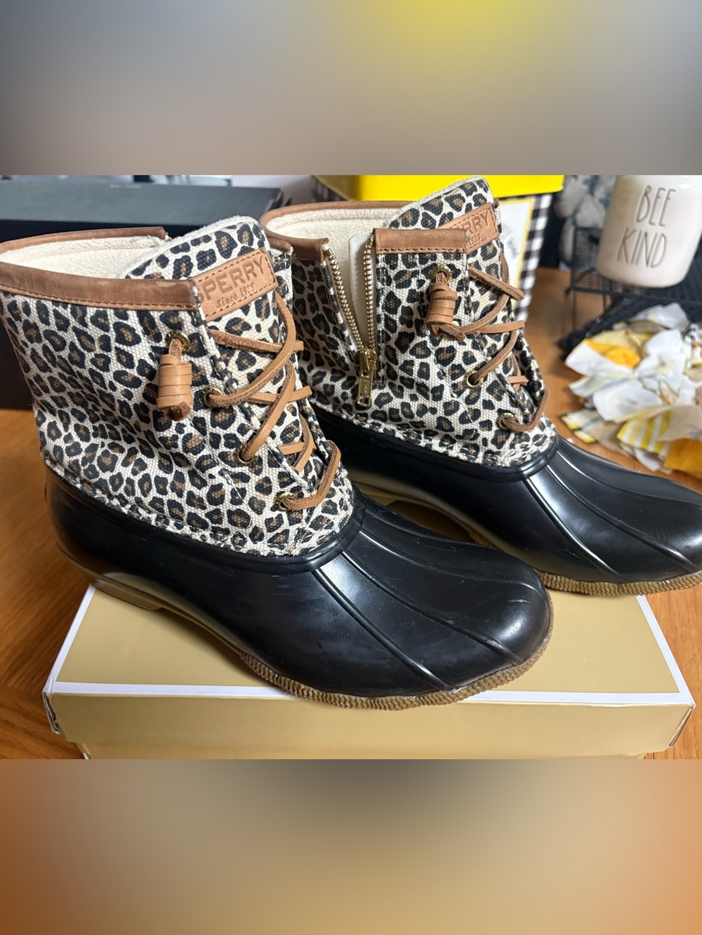 Sperry Leopard Print Duck Boots with Black Waterproof Shell and Tan Accents